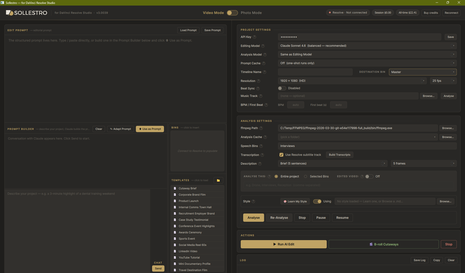 Sollestro in Video Mode, building an edit in DaVinci Resolve